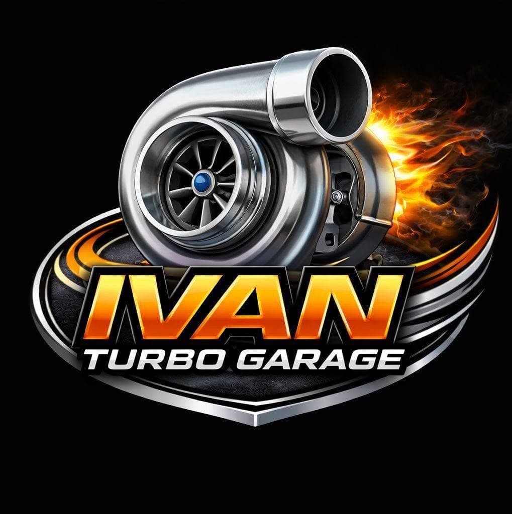 Ivan Turbo Garage badge — a chrome turbocharger trailing flame above the shop name.